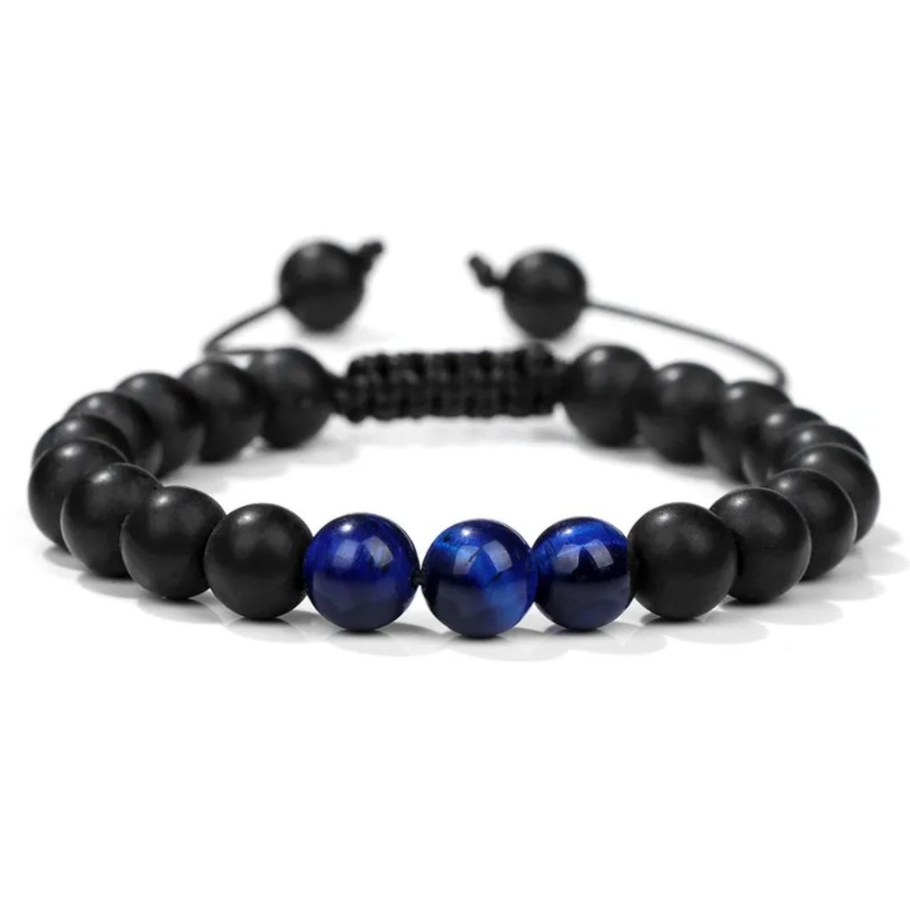 Unisex Matte Black & Blue Tiger's Eye Natural Stone 8mm Beaded Bracelet NEW